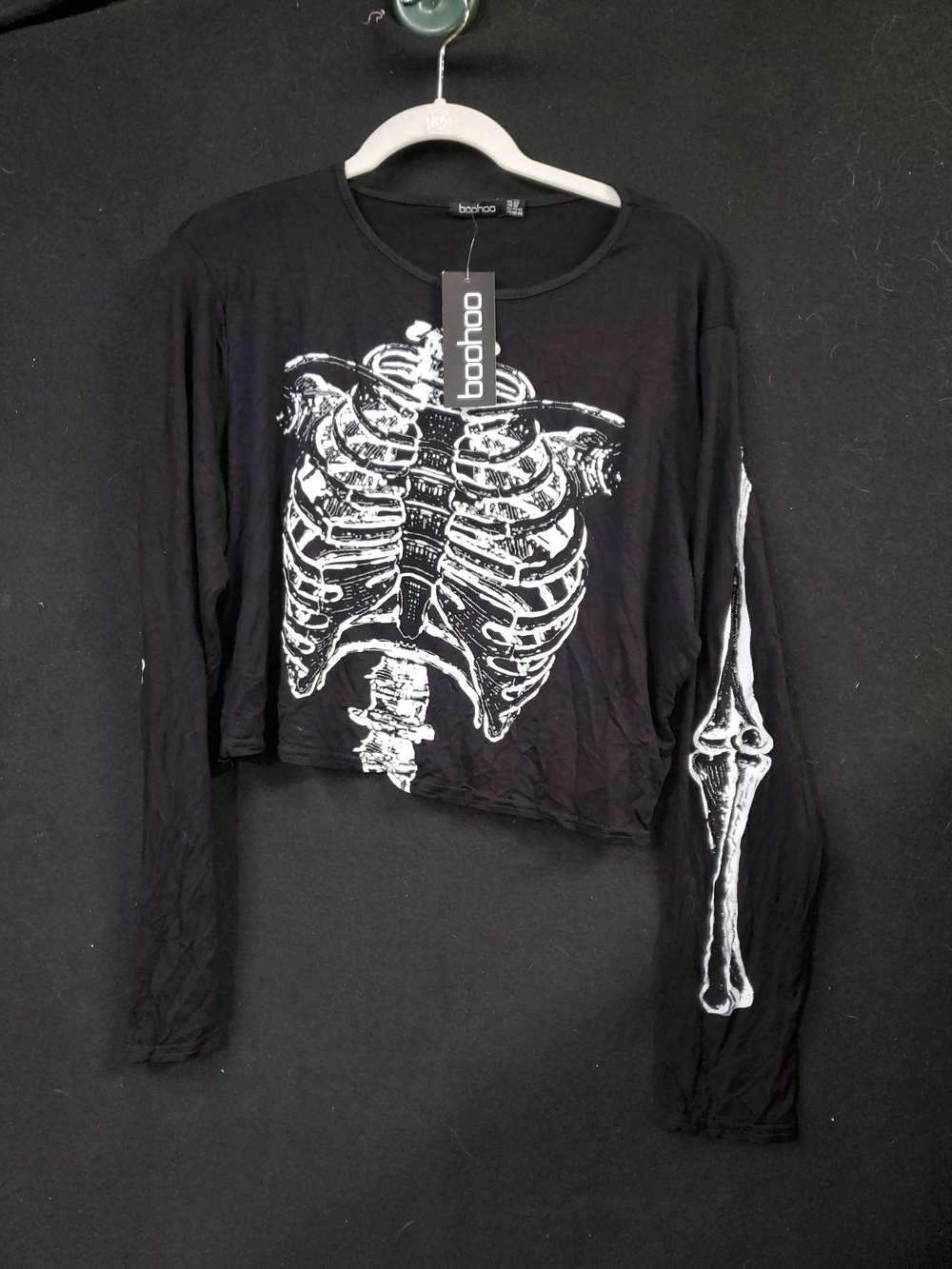Boohoo Black Long Sleeve Crop Top with White Skeleton Print